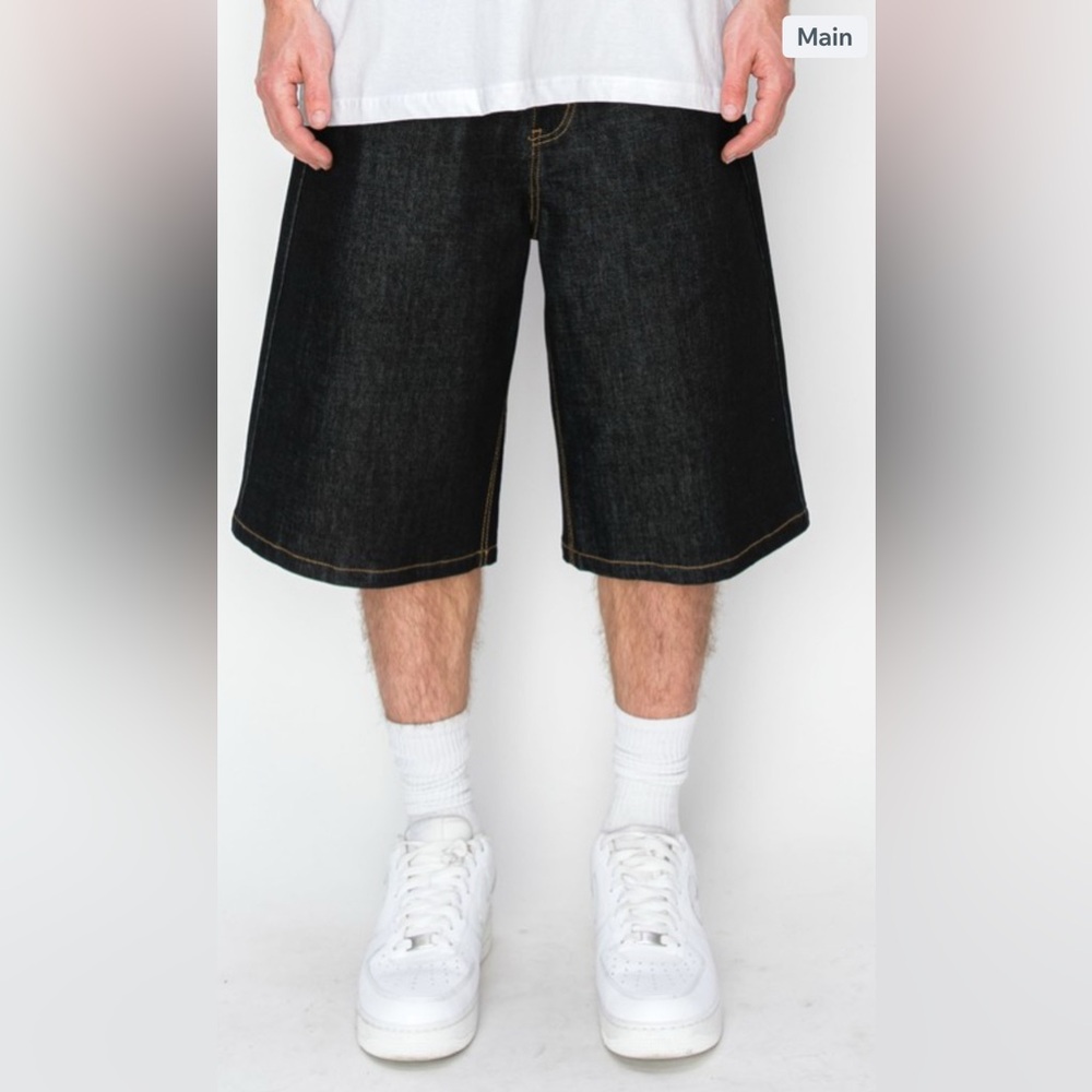 Black Denim Baggy Gold Stitch Shorts New Sizes 30-34